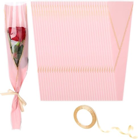 Yuunheg 150 Pack Single Flower Sleeves,Pink Flower Wrapping Paper with Ribbons,Single Rose Gift Wrap Bags,Bouquet Bags for Wedding Mother's Day Valentine'S Day Florist Supplies in Kuwait
