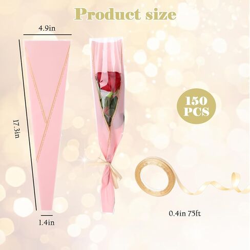 Yuunheg 150 Pack Single Flower Sleeves,Pink Flower Wrapping Paper with Ribbons,Single Rose Gift Wrap Bags,Bouquet Bags for Wedding Mother's Day Valentine'S Day Florist Supplies in Kuwait