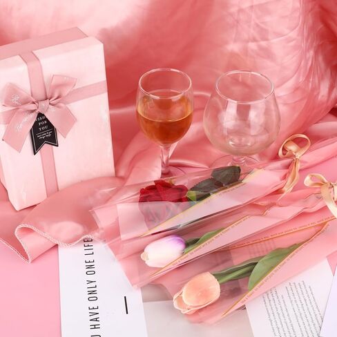 Yuunheg 150 Pack Single Flower Sleeves,Pink Flower Wrapping Paper with Ribbons,Single Rose Gift Wrap Bags,Bouquet Bags for Wedding Mother's Day Valentine'S Day Florist Supplies in Kuwait