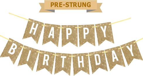 Netnology Pre-Strung Gold Happy Birthday Banner Decorations,12 ft No DIY Gold Glitter Birthday Party Banner Sign Decor for Women Men Girl Boy Party Supplies in Kuwait