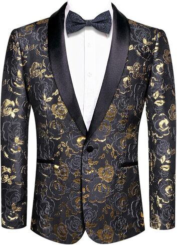 Hi-Tie Men Black Gold Shiny Floral Jacket Blazer Lon Sleeve Button Down Notch Lapel Suit Jacket in Saudi Arabia