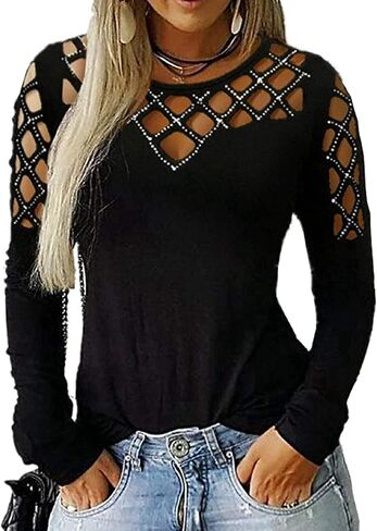 Memorose Long Sleeve Shirts for Women Oversized Crewneck Cut Hollow Rhinestone Tops Tshirts in Saudi Arabia