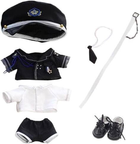 niannyyhouse 20cm Doll Clothes Hat Coat Shirt Pants Tie Belt Shoes Black and White Uniform Sets 8in Plush Doll Accessories (White) in Kuwait