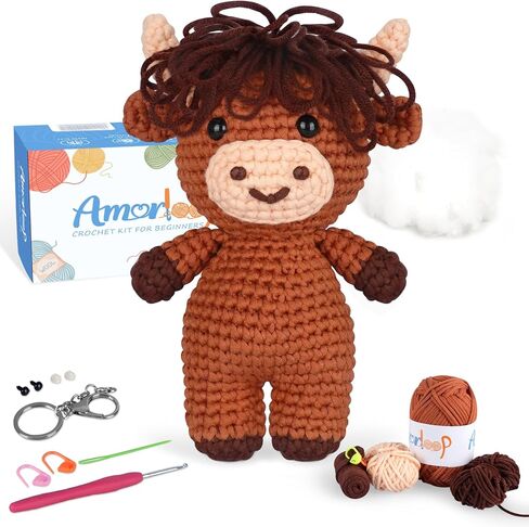 Amorloop Crochet Kit for Beginners – Easy-to-See Stitches Yarn, Pre-Started Piece, and Step-by-Step Video Tutorials | Starter Crochet Set with Cute Animal Pattern – Original Handmade Bear Pattern in Saudi Arabia