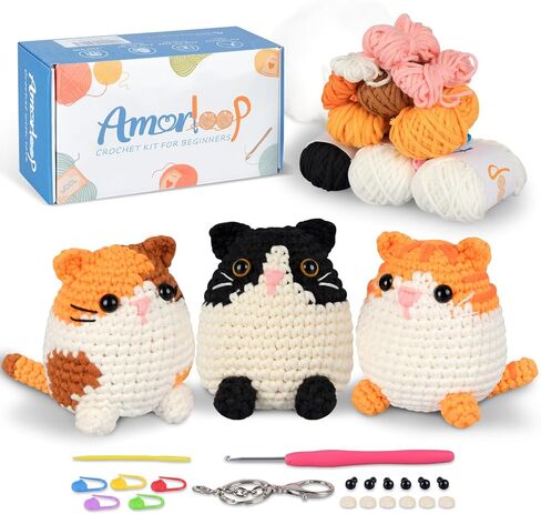 Amorloop Crochet Kit for Beginners – Easy-to-See Stitches Yarn, Pre-Started Piece, and Step-by-Step Video Tutorials | Starter Crochet Set with Cute Animal Pattern – Original Handmade Bear Pattern in Saudi Arabia