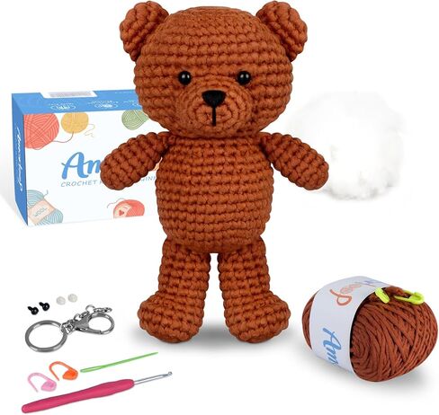 Amorloop Crochet Kit for Beginners – Easy-to-See Stitches Yarn, Pre-Started Piece, and Step-by-Step Video Tutorials | Starter Crochet Set with Cute Animal Pattern – Original Handmade Bear Pattern in Saudi Arabia