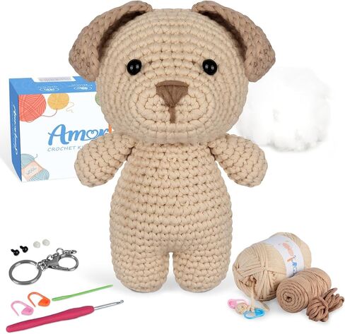Amorloop Crochet Kit for Beginners – Easy-to-See Stitches Yarn, Pre-Started Piece, and Step-by-Step Video Tutorials | Starter Crochet Set with Cute Animal Pattern – Original Handmade Bear Pattern in Saudi Arabia