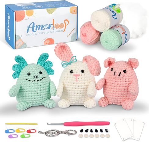 Amorloop Crochet Kit for Beginners – Easy-to-See Stitches Yarn, Pre-Started Piece, and Step-by-Step Video Tutorials | Starter Crochet Set with Cute Animal Pattern – Original Handmade Bear Pattern in Saudi Arabia