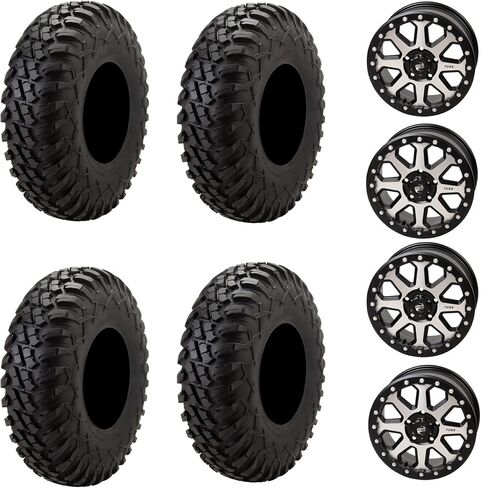 Set of Four 32x10-15 Tusk TERRABITE Heavy Duty 8-Ply Radial UTV Tires Mounted on Tusk UINTA Beadlock Wheels - For CFMOTO Z10 UFORCE U10 PRO - 5/4.5 Bolt Pattern (Gun Metal) in Kuwait