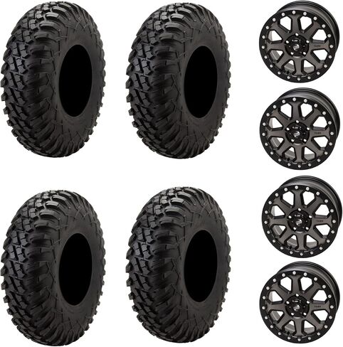 Set of Four 32x10-15 Tusk TERRABITE Heavy Duty 8-Ply Radial UTV Tires Mounted on Tusk UINTA Beadlock Wheels - For CFMOTO Z10 UFORCE U10 PRO - 5/4.5 Bolt Pattern (Gun Metal) in Saudi Arabia