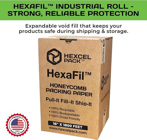HexcelPack HexaFil Honeycomb Packing Paper - Eco-Friendly, Sustainable Filler for Shipping and Moving, Cushioned Packing Material in Easy Self-Dispenser Box - Natural, 16' x 1800' in Kuwait