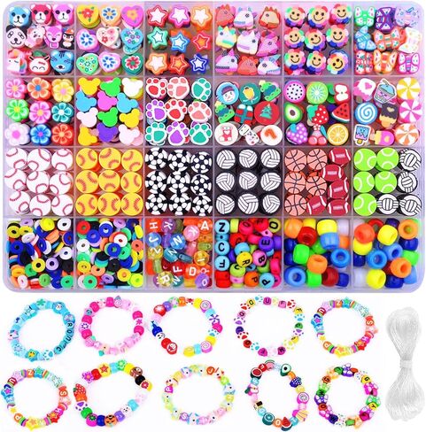 BBita 1000PCS Sports Polymer Clay Beads Bracelet Making kit, 24 Style Cute Fun Ball Beads Baseball Basketball Soccer Rugby Volleyball Football Charms, DIY Bracelet Making kit in Kuwait