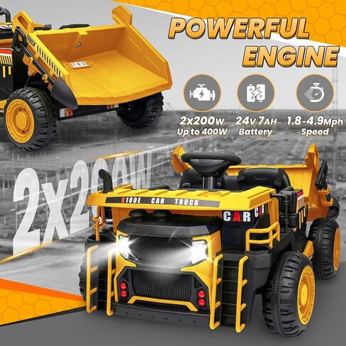 JOYRACER 24V 2 Seater Ride on Dump Truck w/400W Motors, Kids Electric Truck w/20'' Two Seater Ride on Construction Vehicle w/Dump Bed and Shovel, 4.9MPH Max, Power Car Wheelers for Kids, Yellow in Kuwait