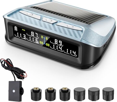Ta6 Wireless Solar TPMS، نظام مراقبة ضغط الإطارات RV مع معزز الإشارة، 0-188 رطل لكل بوصة مربعة لمقطورة شاحنة التخييم، شاشة LCD ملونة، 6 منبهات، إعداد PSI مخصص ثنائي المحور (6 أجهزة استشعار) in Kuwait