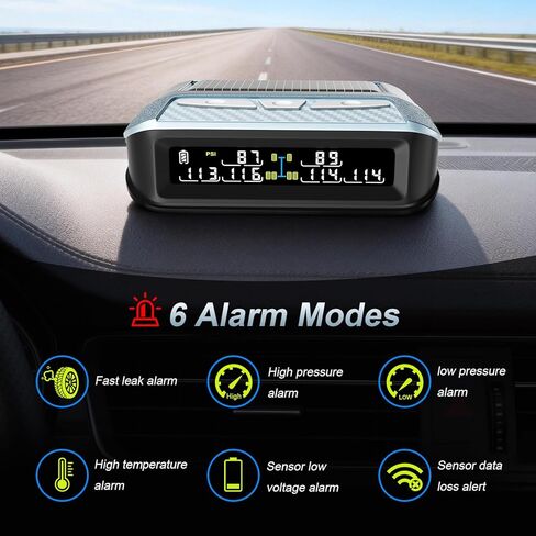 Ta6 Wireless Solar TPMS، نظام مراقبة ضغط الإطارات RV مع معزز الإشارة، 0-188 رطل لكل بوصة مربعة لمقطورة شاحنة التخييم، شاشة LCD ملونة، 6 منبهات، إعداد PSI مخصص ثنائي المحور (6 أجهزة استشعار) in Kuwait