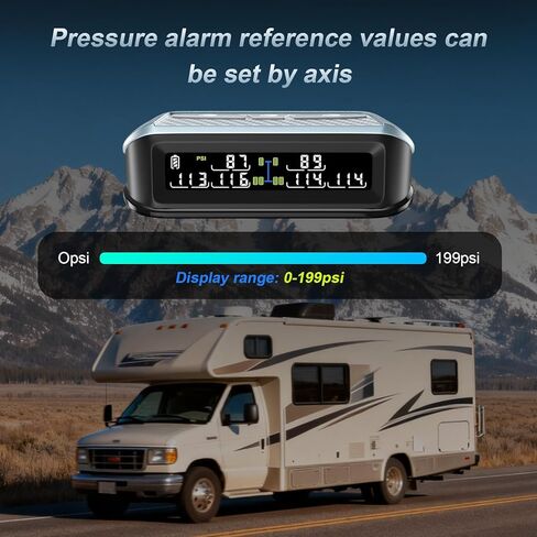 Ta6 Wireless Solar TPMS، نظام مراقبة ضغط الإطارات RV مع معزز الإشارة، 0-188 رطل لكل بوصة مربعة لمقطورة شاحنة التخييم، شاشة LCD ملونة، 6 منبهات، إعداد PSI مخصص ثنائي المحور (6 أجهزة استشعار) in Kuwait