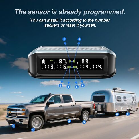 Ta6 Wireless Solar TPMS، نظام مراقبة ضغط الإطارات RV مع معزز الإشارة، 0-188 رطل لكل بوصة مربعة لمقطورة شاحنة التخييم، شاشة LCD ملونة، 6 منبهات، إعداد PSI مخصص ثنائي المحور (6 أجهزة استشعار) in Kuwait