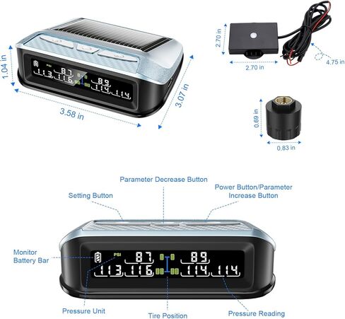 Ta6 Wireless Solar TPMS، نظام مراقبة ضغط الإطارات RV مع معزز الإشارة، 0-188 رطل لكل بوصة مربعة لمقطورة شاحنة التخييم، شاشة LCD ملونة، 6 منبهات، إعداد PSI مخصص ثنائي المحور (6 أجهزة استشعار) in Kuwait