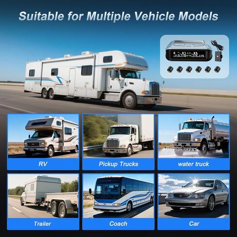 Ta6 Wireless Solar TPMS، نظام مراقبة ضغط الإطارات RV مع معزز الإشارة، 0-188 رطل لكل بوصة مربعة لمقطورة شاحنة التخييم، شاشة LCD ملونة، 6 منبهات، إعداد PSI مخصص ثنائي المحور (6 أجهزة استشعار) in Kuwait