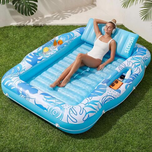 sloosh نفخ دباغة حمام السباحة تطفو، 70 "× 53" حمام سباحة يطفو الكبار مع برودة، 6 في 1 حوض تسمير البشرة طوف طوف، صالة سرير حمامات الشمس لتفجير المياه الكرة حفرة هدايا الحزب in Kuwait