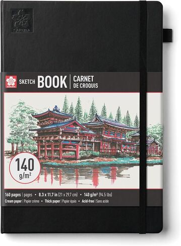 Sakura Sketchbook A4 - كراسة رسم لليوميات المرئية والرسم السهل والاستخدام الشخصي - ورق 140 جرام في المتر المربع - غلاف فني - 160 صفحة - 8.3 × 11.7 بوصة - أسود - ورق كريمي in Kuwait