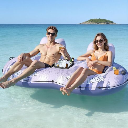 JOSEN Inflatable River Tube Float - 2 Person Heavy Duty River Float, Pool Floats Adult, Lake River Floats Water Tubes for Floating with Removable Cooler & Cupholders for Summer Relaxation in Kuwait