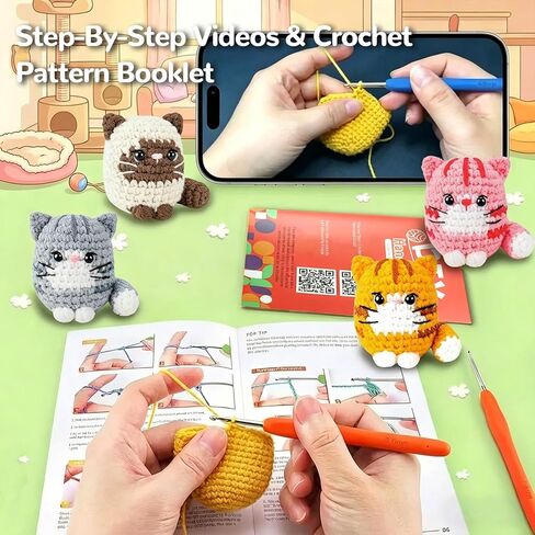 obvade Crochet Kit for Beginners Knitting Kit for Beginners Crochet Animal Kit Beginner Crochet with Step-By-Step Video Tutorials 4 Pack Cats in Kuwait