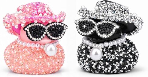2pcs Pink Diamond Rubber Duck Car Ornaments, Rhinestone Black Duck Dashboard Decorations Cool Car Accessories with Hats Sunglasses Necklaces for Vehicle Interior Decor in Kuwait