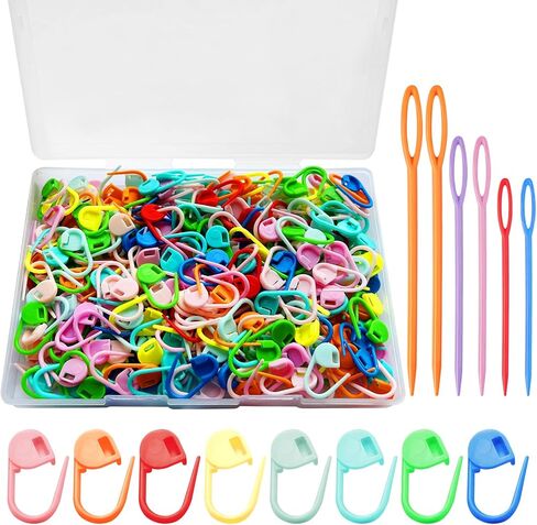 300pcs Stitch Markers with 6 Large Eye Blunt Needles, Crochet Stitch Markers,Colorful Plastic Knitting Stitch Markers,Crochet Locking Clips with Storage Box for Weaving DIY Crafts（Mix Color） in Kuwait