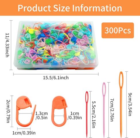 300pcs Stitch Markers with 6 Large Eye Blunt Needles, Crochet Stitch Markers,Colorful Plastic Knitting Stitch Markers,Crochet Locking Clips with Storage Box for Weaving DIY Crafts（Mix Color） in Kuwait