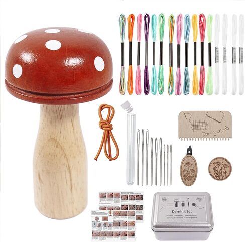 Yushen Darning Kit with Box, Wooden Darner Patch Kits Darning Mushroom Mending Kit for Socks with Large Eye Needles Sewing Tool Darner Supplies in Kuwait