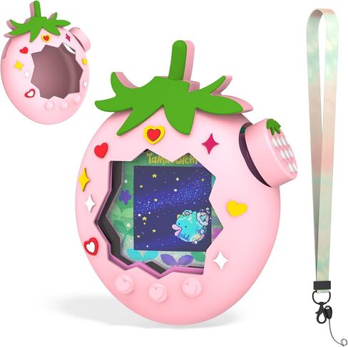 OAJ كارتون الفراولة الحبل وحافظة من السيليكون لـ Tamagotchi Paradise - غطاء واقي لطيف، حزام للحيوانات الأليفة Tamagotchi الإلكترونية in Kuwait