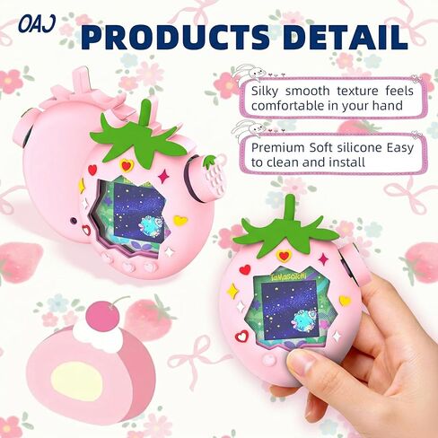 OAJ كارتون الفراولة الحبل وحافظة من السيليكون لـ Tamagotchi Paradise - غطاء واقي لطيف، حزام للحيوانات الأليفة Tamagotchi الإلكترونية in Kuwait