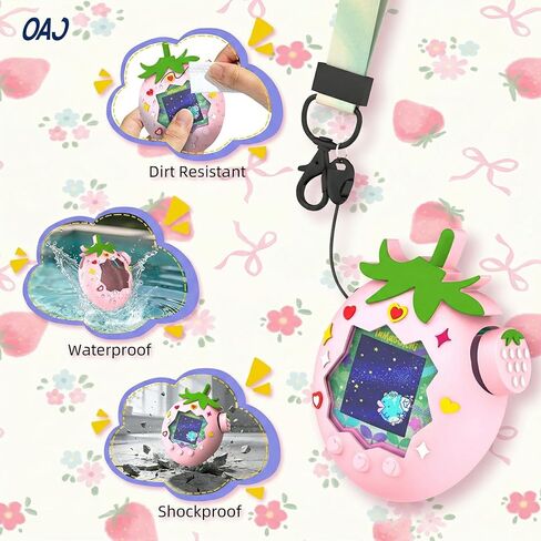 OAJ كارتون الفراولة الحبل وحافظة من السيليكون لـ Tamagotchi Paradise - غطاء واقي لطيف، حزام للحيوانات الأليفة Tamagotchi الإلكترونية in Kuwait