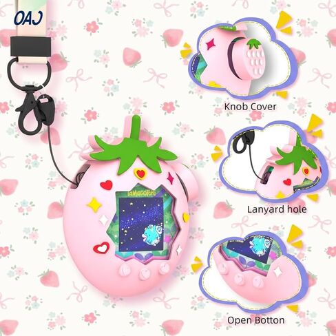 OAJ كارتون الفراولة الحبل وحافظة من السيليكون لـ Tamagotchi Paradise - غطاء واقي لطيف، حزام للحيوانات الأليفة Tamagotchi الإلكترونية in Kuwait