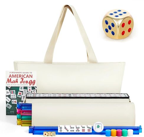 American Mahjong Tile Set, Mah Jong Set Complete with Bag, 166 White Tiles with Golden Dices for Travel, 4 All-in-One Mahjong Racks with Pushers (Blue) in Kuwait