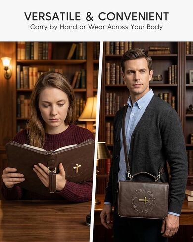 Bible Cover Case for Women Men Cross Design Bible Bag with Shoulder Strap Vegan Leather Bible Cover for Farther Day Gift Christian Gifts Brown in Kuwait