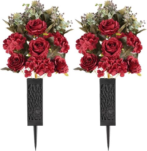 Cemetery Flowers for Grave Decorations: 2 Pcs White Artificial Rose Hydrangea Memorial Day Flower Arrangements Silk Funeral Floral Bouquet with Vase for Outdoors Gravessite Decor in Saudi Arabia