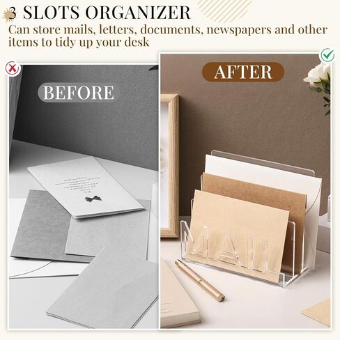 Vercraft Acrylic Mail Holder Countertop, 3-Slot Clear Mail Organizer with Cutout Lettering Design, Desktop Letter Sorter for Office Home Desk, Envelope File Document Storage in Kuwait