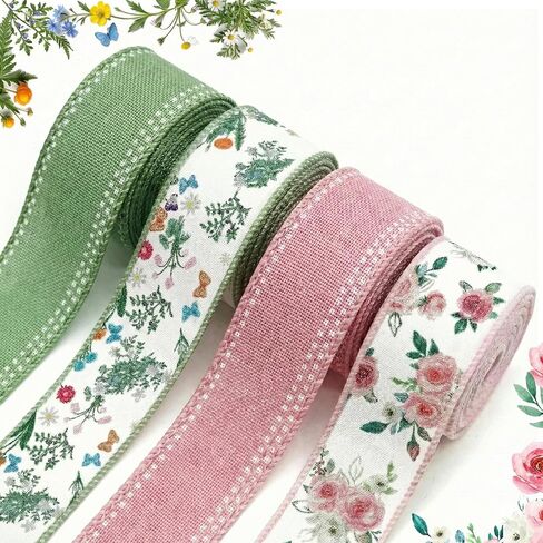 Spring Wired Ribbon 4 Rolls Green Red Floral Fabric Ribbons 1.5 Inch x 24 Yards Set Summer Flower Pattern for Wreaths Bows Making Gift Wrapping DIY Crafts Party Decor in Kuwait