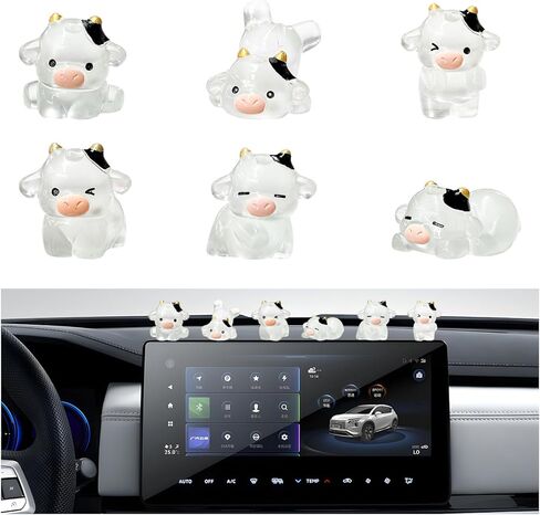 Sun Walker 6PCS Cute Luminous Cow Car Dashboard Decor Set, Adorable Cow Figurines Auto Rearview Mirror Decor, Funny Mini Resin Cows Ornament Interior Decoration for Most Vehicles in Kuwait