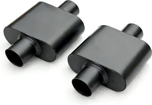 Pair of 2.25" ID Center/Center Single Chamber Mufflers - Aggressive Deep Sound, Aluminized Steel, Weld/Clamp-On (13" Total Length) in Saudi Arabia