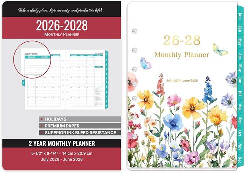 إعادة تعبئة المخطط الشهري 2026-2028 - 7 فتحات مثقوبة، إدراجات مخطط A5، من يوليو 2026 - يونيو 2028، عبوات مخطط مع 7 فتحات مثقوبة، 5-1/2 بوصة × 8-1/2 بوصة، صفحتان في الشهر، علامات تبويب شهرية in Kuwait