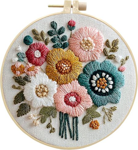 Embroidery Kit for Beginners & Adults Starter Kit, Cross Stitch Kits,DIY Hand Embroidery Needlepoint Set with Hoop, Pre-Printed Fabric, Threads and Instructions (Flower-4) in Saudi Arabia