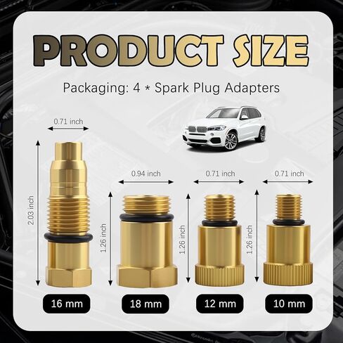 4PCS Compression Tester Automotive Adapter,10mm*1.0/12mm*1.25/18mm*1.5/16mm*1.5 Cylinder Compression Tester Adapter,Versatile Spark Plug Testers Adaper for Gas Engine/Motorcycle in Kuwait