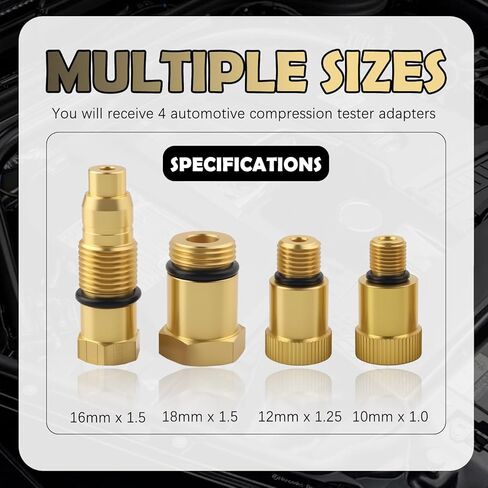 4PCS Compression Tester Automotive Adapter,10mm*1.0/12mm*1.25/18mm*1.5/16mm*1.5 Cylinder Compression Tester Adapter,Versatile Spark Plug Testers Adaper for Gas Engine/Motorcycle in Kuwait