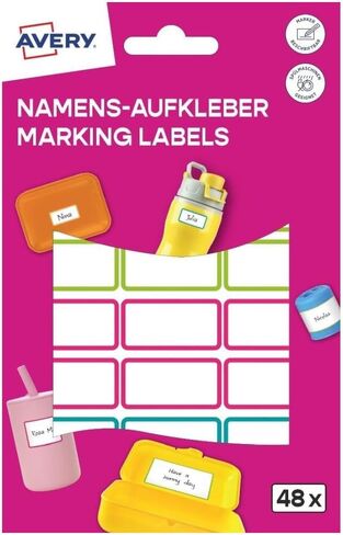AVERY Zweckform NAME48C Children's Name Stickers, Waterproof, Pack of 48 (15 x 31 mm, Foil, Self-Adhesive Name Labels, Writable Name Tags, Dishwasher Safe, for School, Nursery) Colourful in Kuwait