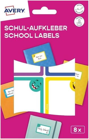 AVERY Zweckform SCHOOL8G Name Stickers School Children 8 Pieces (46 x 72 mm, Paper, Self-Adhesive Staple Stickers, Writeable Name Labels, Book Labels for School, Nursery) Colourful, Faces in Kuwait