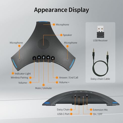TOALLIN Conference Speaker and Microphone, Wireless Speakerphone with Daisy Chain, 360° Voice Pickup & AI Noise-Cancellation, Support Bluetooth & USB, Computer Speaker & Mic for Business Meetings in Kuwait