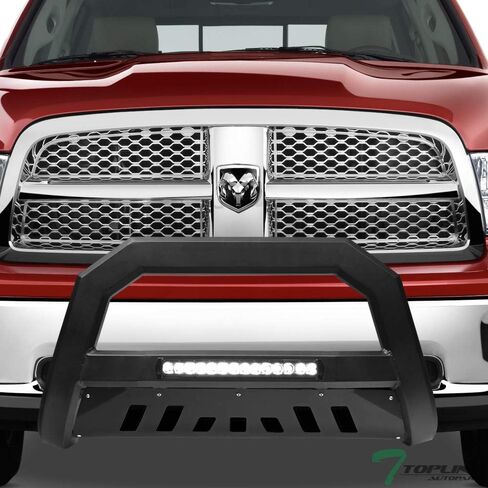 Matte Black AVT Style Aluminum LED Light Bull Bar Brush Push Front Bumper Grill Grille Guard with Skid Plate Compatible with 09-18 Dodge Ram 1500/19-24 Classic in Kuwait